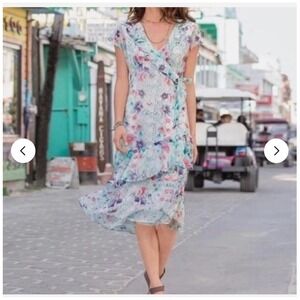 Sundance Silk Floral Faux Wrap Midi Dress 2 Ruffle Tiered Fairy Romantic Cottage